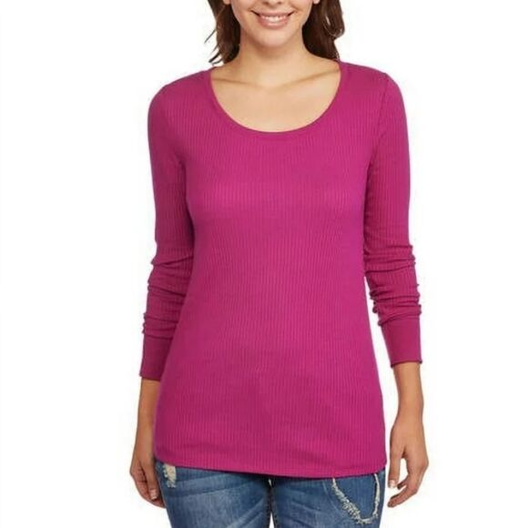 🍑Faded Glory Maroon Ribbed Scoop Neck Long Sleeve Top Large - Picture 1 of 9